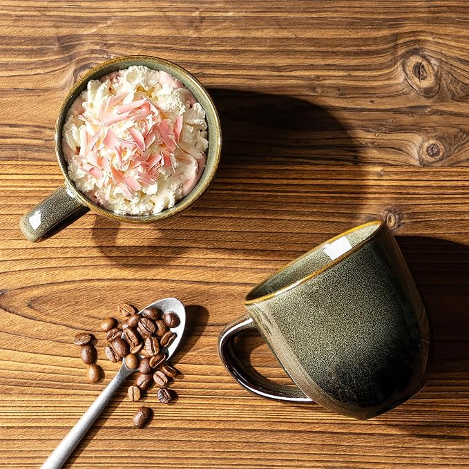 theterra Ceramic Coffee Mugs Set of 6, 12 oz Coffee Cups with Handle | Handmade, Suitable for Latte, Tea, Milk, Beer & Hot Cocoa, Olive Green