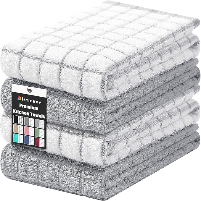 Homaxy Large Premium Cotton Kitchen Towels 16"x 28", 4 Pack, Light Grey | Natural Ring Spun 390 GSM Dish Towels, Super Absorbent Terry Kitchen Hand Towels, Soft Tea Towels with Hanging Loop