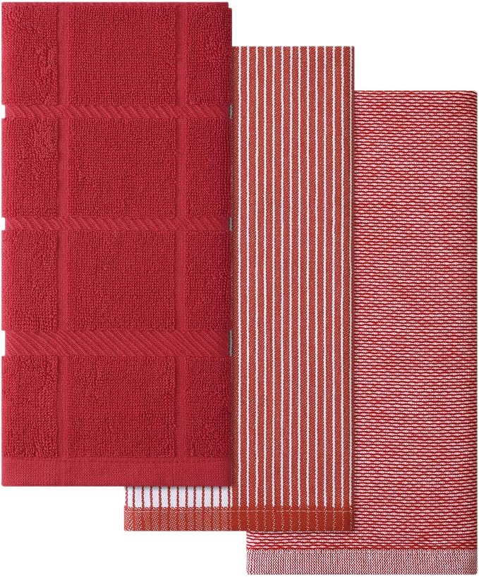 Homaxy 3 Pack Cotton Terry Premium Kitchen Towels, 18 x 28 in, Red | Large 380 GSM Dish Towels, Highly Absorben Flat & Terry Kitchen Hand Towels, Soft Utility Tea Towel Set with Hanging Loop