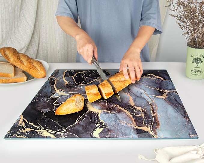 Glass Cutting Board 20”x16”: Tempered Glass Kitchen Counter Protector - Durable- Scratch-Resistant, Heat-Proof - Design 8 - Grey & Gold