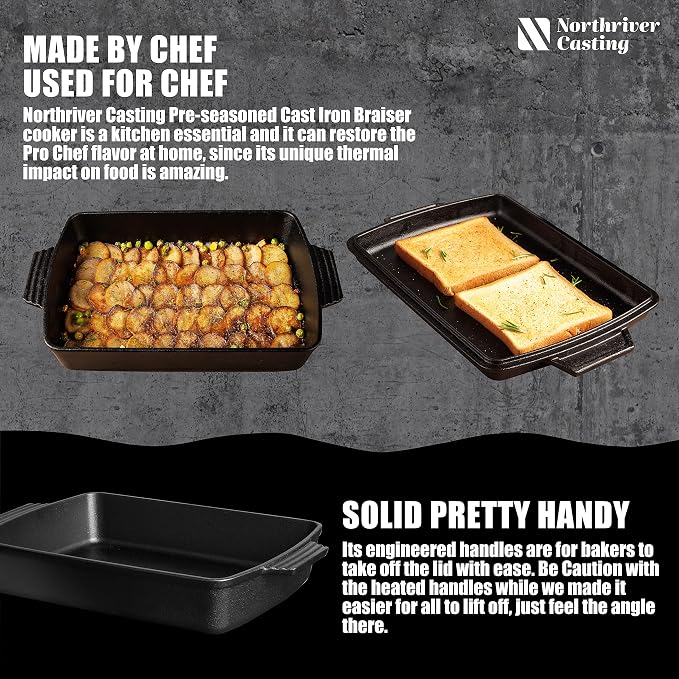 Northriver Casting 2-In-1 Pre Seasoned Cast Iron Dutch Oven With Skillet Lid,Casserole Dish,Rectangular Baking Pan,Griddle Pot Set, 6QT, 9"x13"