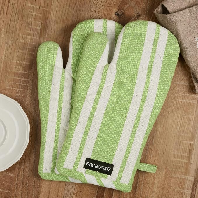 Encasa XO Oven Mitts, Heat Resistant Kitchen Gloves, Microwave | Franca Lime Stripes, 100% Cotton | Diamond Quilted Insulation | Pot Holders | Hanging Loop | Barbecue & Grill | Set of 2