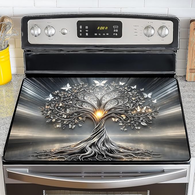 NYZE Extra Counter Space Stove Cover for Glass Top Stoves, 28" x 20" Decorative Silver Tree of Life with Butterflies Cooktop Protector, Durable Heat Resistant Mat Pad for Kitchen Organization
