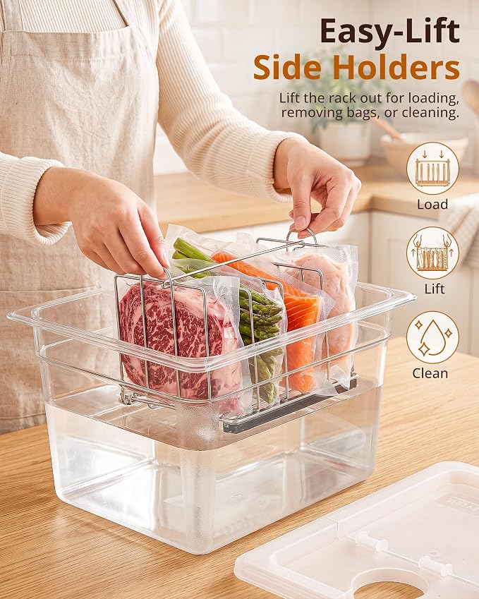 EVERIE 12 Quart Sous Vide Container with Collapsible Hinged Lid + Wobble-Free Stainless Steel Rack Divider— NSF Approved Container, BPA-Free Lid, Compatible with Anova and Instant Pot