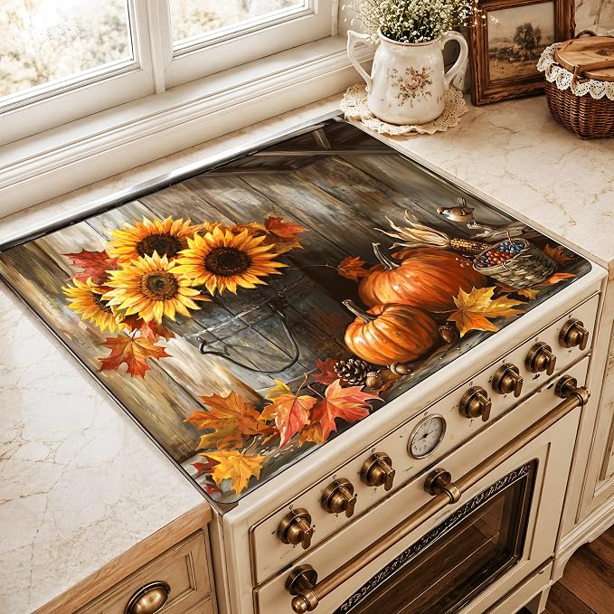 Fall Pumpkin Sunflower Stove Top Cover 28.3 x 20.5 Inch, Rustic Farmhouse Glass Cooktop Protector Mat, Autumn Harvest Electric Range Cover for Kitchen Counter Decor(Orange Sunflower)