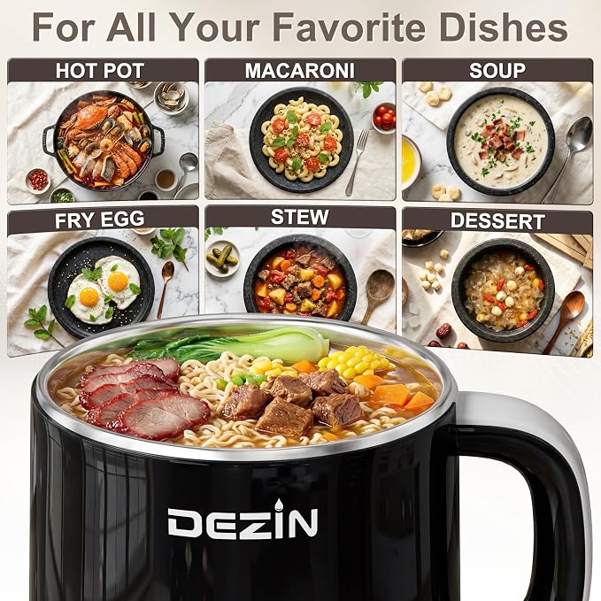 Dezin 1.6L Hot Pot Electric, Stainless Steel Electric Pot with Dual Power | Keep Warm, Noodles Cooker, for Egg, Pasta, Soup, Porridge & Oatmeal, Overheat & Boil-Dry Protection, Ideal for Dorm & Office