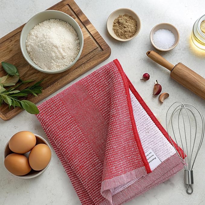Mordimy Premium Large Cotton Kitchen Towels (18"x 28", 3 Pack), Red | 100% Ring Spun Cotton, Super Absorbent, 380 GSM, Flat & Terry, Soft, Hanging Loop Dish Towels