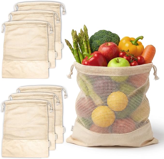 Reusable Produce Bags – 100% Cotton Mesh & Solid Hybrid (Small 8x10 inch 6 Pcs) – Cloth Grocery Bags for Garlic, Nuts, Onions, Bulk Snacks – Washable, Plastic-Free, Breathable, Zero Waste