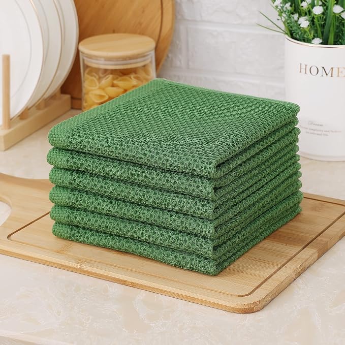 Kitinjoy 100% Cotton Waffle 8-Pack Kitchen Towels, 12" x 12", Grass Green | Ultra Absorbent, Super Soft, lightweight, Quick Drying Dish Rags for Washing Dishes
