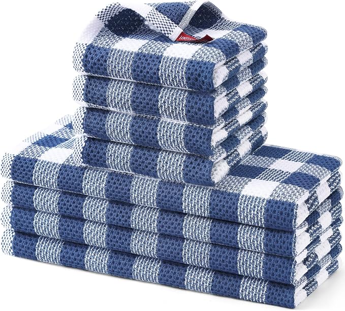 Homaxy Kitchen Towels and Dishcloths Set, Set of 8, Blue & White | Bulk Cotton Waffle Weave Check Plaid Kitchen Towels, Super Soft and Absorbent Dish Cloths, 12 x 12 and 13 x 28 Inches