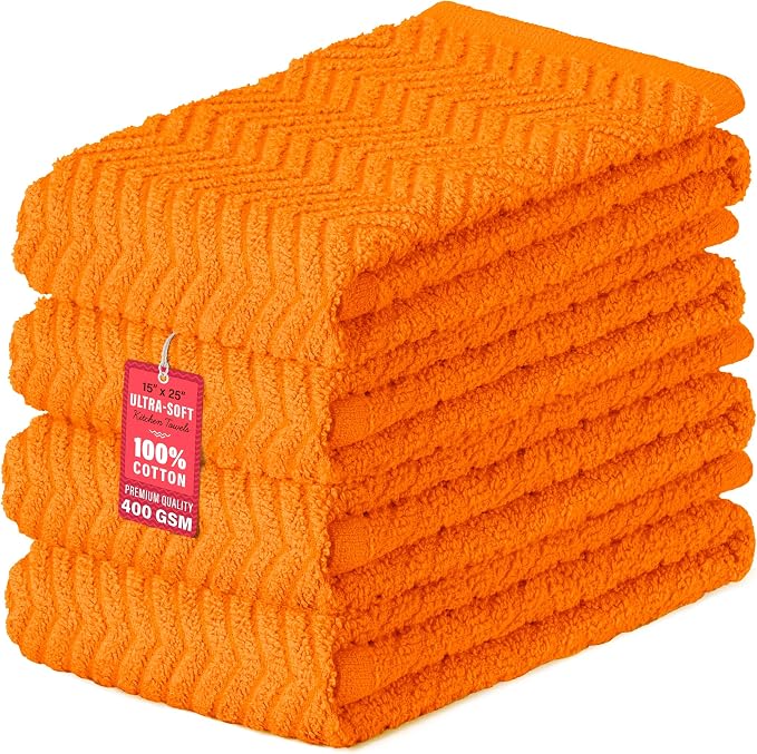 100% Cotton Kitchen Towels 15x25 in, Orange Set (Pack of 4)