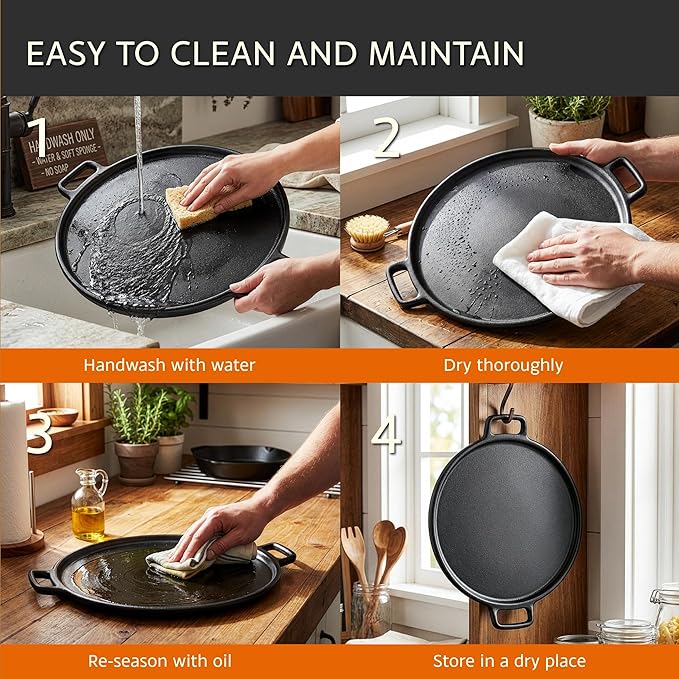 Home-Complete Cast Iron Pizza Pan, Even-Heating Cast Iron Cookware, 14” | Round Pizza Pan for Oven, Stovetop, Grill, or Campfires, Nonstick Griddle with Dual Handles