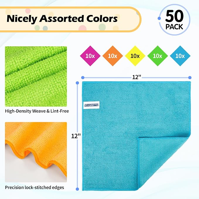 Microfiber Cleaning Cloth, 50 Pack Cleaning Rags, Cleaning Towels for Housekeeping, Kitchen, Car, Lint-Free, Reusable Shop Towels with 5 Colors (Green/Blue/Yellow/Orange/Pink), 12"X12"