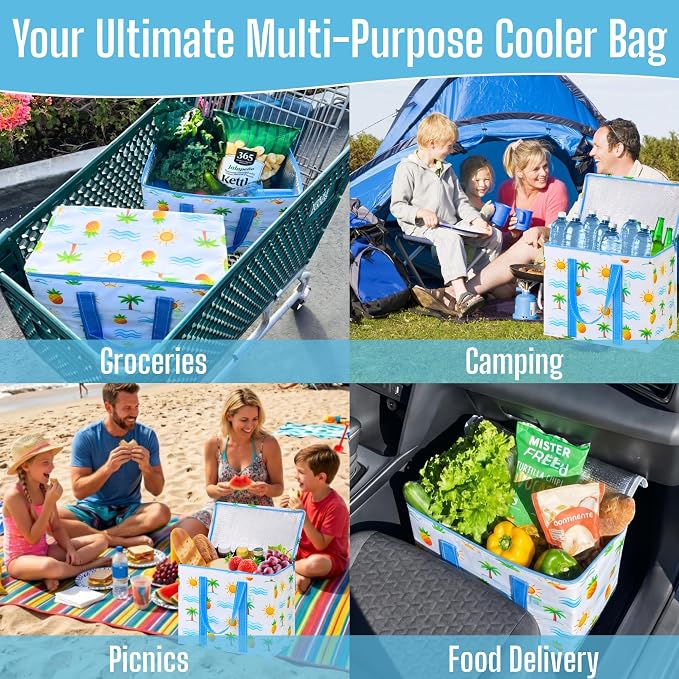 VENO 2 Pack Insulated Cooler Bag Reusable Grocery Bag for Food Delivery | Heavy Duty Large Collapsible Cooler Shopping Tote w/ Zippers, Foldable, Stands Upright for Camping (Tropical Island, 2 Pack)