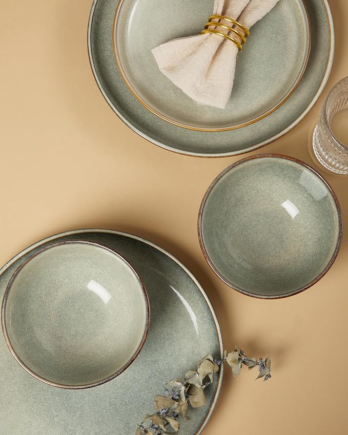 Stoneware Dinnerware Sets Service for 4, 12 pcs Reactive Glaze Plates and Bowls Sets, Handmade Ceramic Dish Set, Highly Chip and Crack Resistant Modern Plate Set, Green Wheat