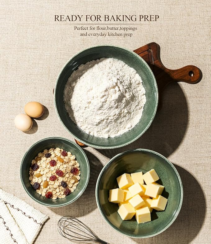 GBhome Ceramic Mixing Bowls Set of 3, Stoneware Nesting Serving Bowls, | 45/90/150 oz For Prep, Baking, Serving, Gift, Microwave and Dishwasher Safe, Ribbed Dishware Collection,Dark Green