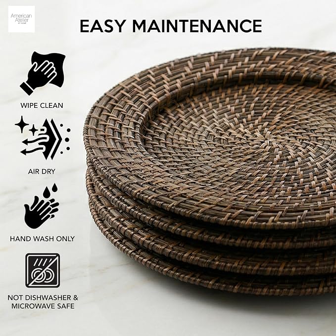 Rattan Plate Chargers, Brown, Round Woven, Set of 4 | Handwoven Natural Rattan With Warm Finish, 13x13in Round Fit For Dinner Plates, Durable Charger Set For Weddings & Banquets