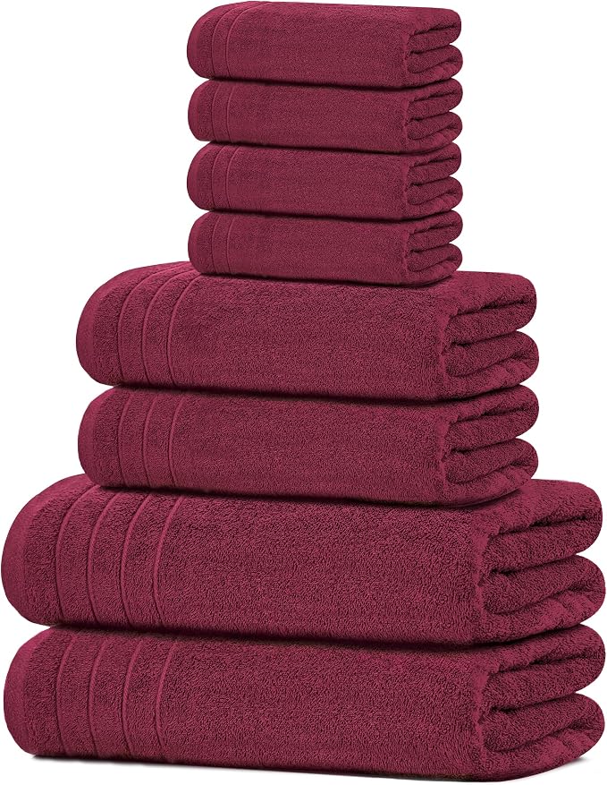 8 Piece Towel Set, 2 XL Bath, 2 Hand, 4 Washcloth, Burgundy | 100% Cotton, Lighter Weight, Quicker to Dry, Super Absorbent, Perfect for Bathroom