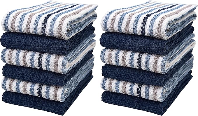 Premium Kitchen Towels (16”x 26”, 12 Pack) | Large Cotton Kitchen Hand Towels | Popcorn Striped Design | Dish Towels | 430 GSM Highly Absorbent Tea Towels Set with Hanging Loop | Blue