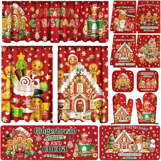 13 Pcs Gingerbread Man Kitchen Set, Towel Rug Valance Mitts | Nonslip Rugs and Mats, Festive Valance with Baking Decor, Pot Holders Included, Gingerbread Theme Design, Holiday Cooking