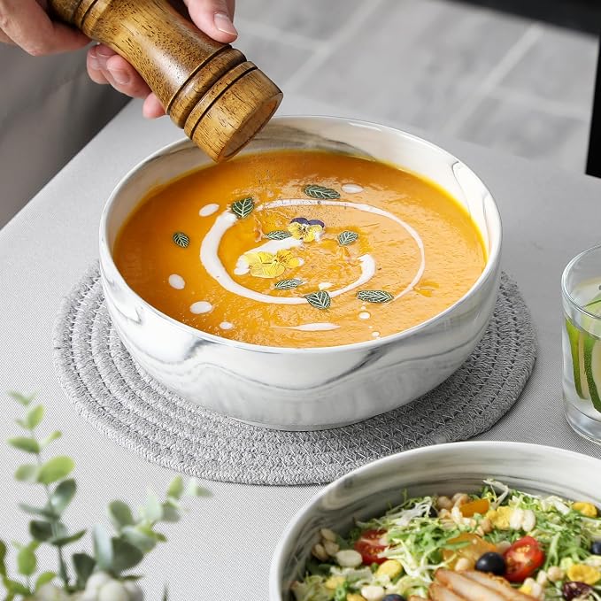 MALACASA Large Serving Bowls, 60 OZ (8") Ceramic Salad Bowls Set of 2 | Marble Grey Bowls for Kitchen, Soup, Pasta, Dinner, Porcelain Bowls Set for Entertaining, Microwave & Dishwasher Safe