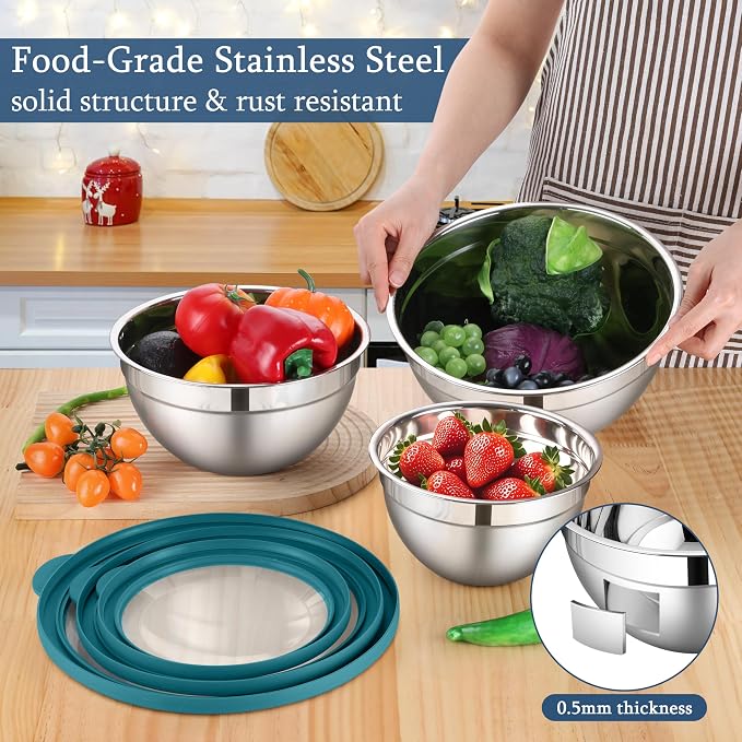 LIANYU Stainless Steel Metal Mixing Bowls, 3 Packs Nesting Bowl with Lid | Deep Bowls Set for Baking Cooking and Prepping, 4.6 & 3 & 1.5QT Large and Small Size, Include Visible & Airtight Lid, Blue