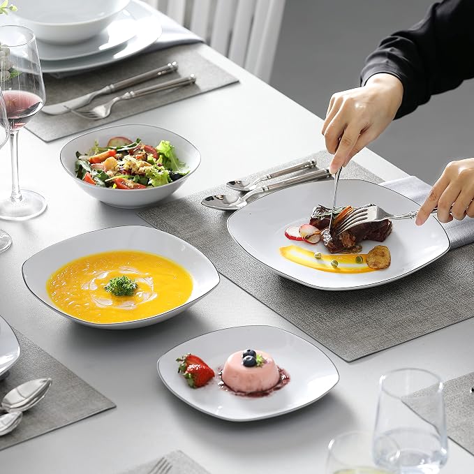 MALACASA Dinnerware Sets, 24 Piece Porcelain Square Dishes, White with Black Rim Plates and Bowls Sets, Ceramic Dish Set for 6, Chip Resistant Dishware Sets, Series ELISA | White Ceramic Plates and Bowls Sets for Serving, Chip Resistant, Microwave & Di...