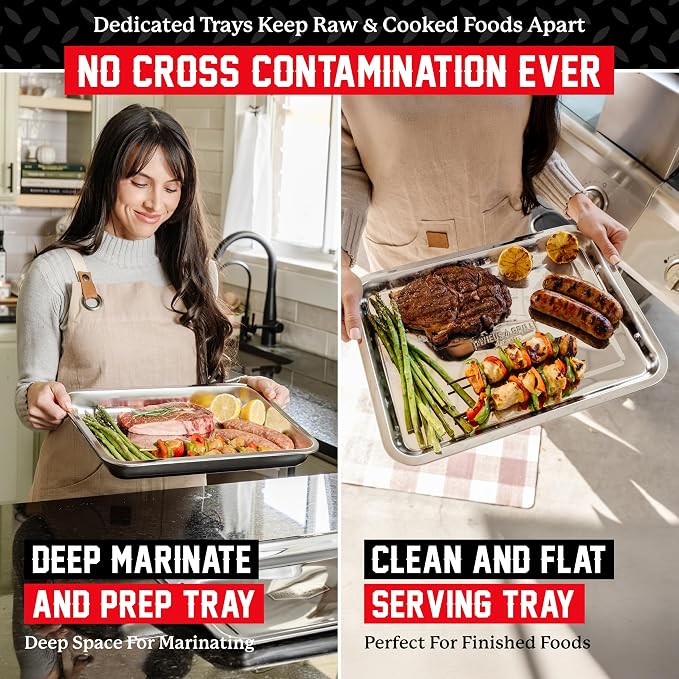 AVIEUS Grill Prep and Serving Trays | Set of 2 Stackable Stainless Steel Trays | Trays for Marinating, Serving & Chopping | Serving Platter for Plating Food & BBQ Prep Tub | Grilling Accessories