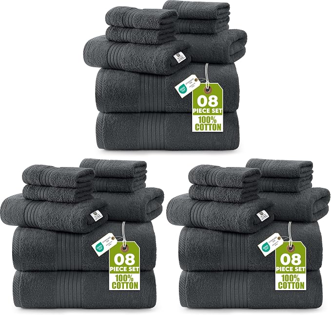 Utopia Towels 8 Piece Premium Towel Set, 2 Bath, 2 Hand, and 4 Washcloths, 100% Ring Spun Cotton, Highly Absorbent Towels for Bathroom, Sports, and Hotel, Grey (Pack of 3)