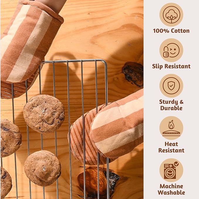 Folkulture Fall Oven Mitts, Brown, Set of 2, Heat Resistant - (5.75"x9") | 100% Cotton, Non Slip, Heat Resistant, Silicone, Cute Striped Mini Mits with Hanging Loop, Fall Kitchen Décor, Cooking Gifts