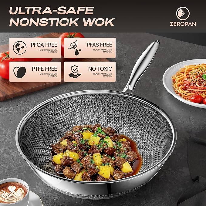 Wok,Hybrid 12-Inch Wok with Lid,Nonstick Stainless Steel Woks & Stir-fry pans,Dishwasher-Friendly,PFAS PFOA PTFE Free, Oven-Safe Up to 600°F,Compatible with All Cooktops