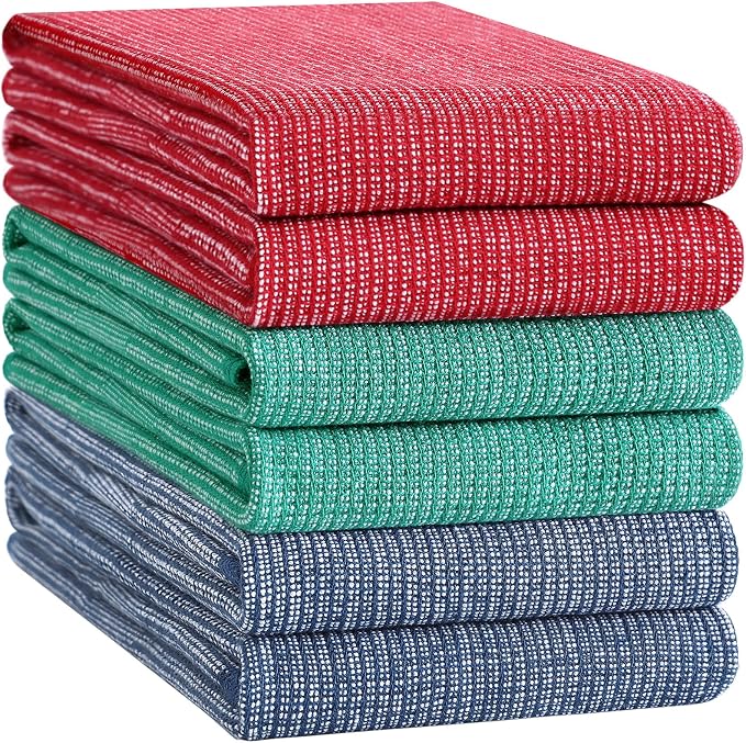 Homaxy 380 GSM Cotton Premium Kitchen Towels 6 Pack, 18"x 28", Mix | Flat and Terry Dish Towels, Highly Absorbent Tea Towel Set with Hanging Loop, Soft Kitchen Hand Towels, Navy/Red/Green