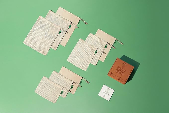 ECO ROOTS Reusable Produce Bags, Washable Cotton Mesh Produce Bags, 9 Pack | Nine organic cotton bags: six mesh and three bulk bags in three sizes, with tare-weight tags and drawstring closures
