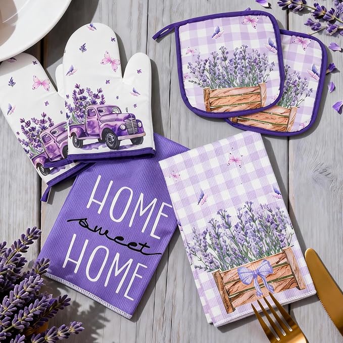 8 Pcs Lavender Spring Kitchen Towels Pot Holders and Oven Mitt Set Purple Kitchen Accessories 4 Dish Towels 2 Absorbent Square Potholders 2 Heat Resistant Glove for Cooking Baking Gift