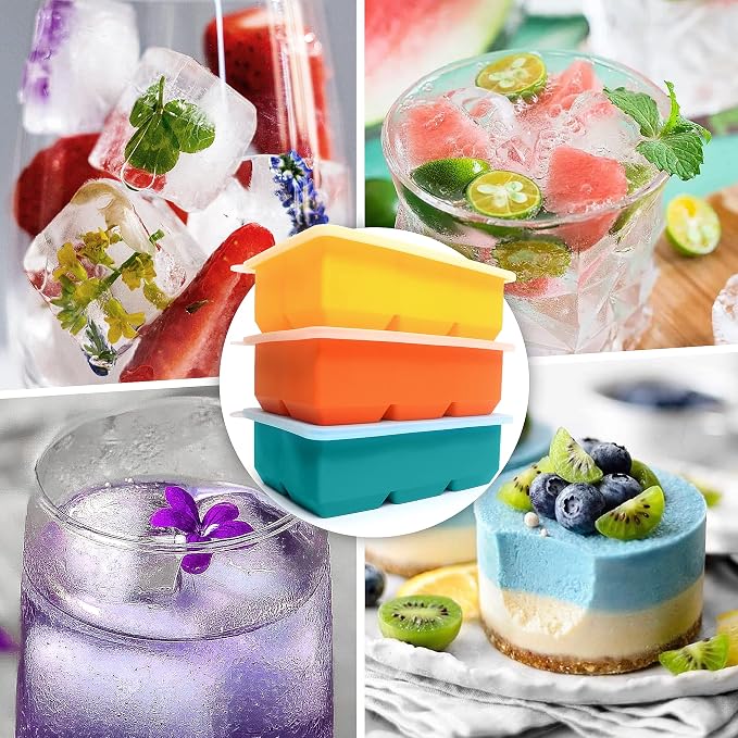 Excnorm Ice Cube Trays 3 Pack - Large Size Silicone Molds with Removable Lids Reusable and BPA Free for Whiskey, Cocktail, Stackable Flexible Safe Dark Blue