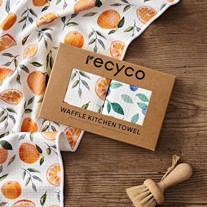 RECYCO Waffle Kitchen Towel Set of 2 - Quick Dry Microfiber Sustainable Dish Towels - Ultra Absorbent Reusable Cleaning Tea Towels - Lightweight Hand Towels,16”x 28”, Fruitful Foliage & Vine