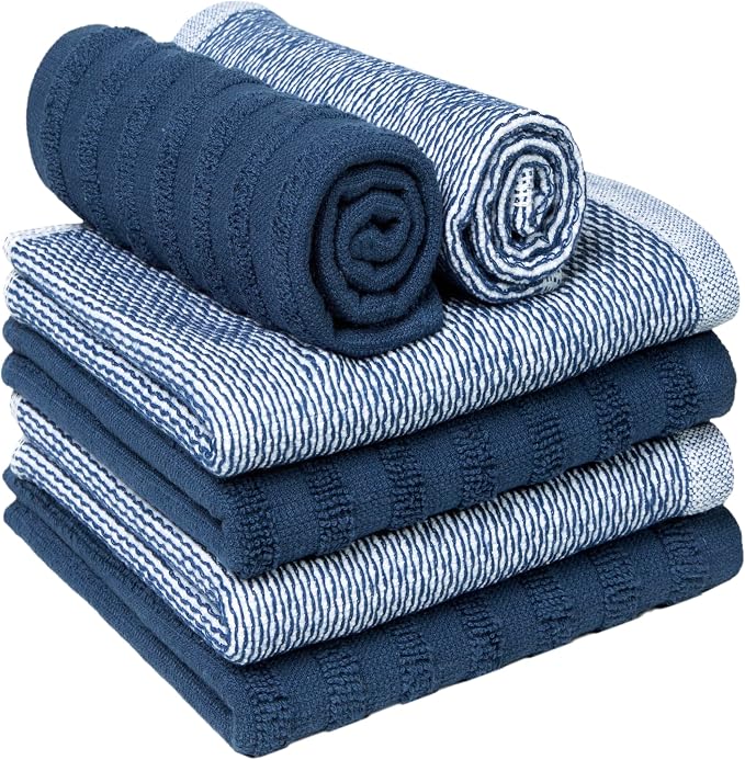 Bumble Premium Dish Cloths 13"x13" (6 Pack) | 100% Natural Ring Spun Cotton | 400 GSM | Highly Absorbent & Soft |Yarn Dyed & Solid Dyed Terry Dish Cloth Set - Blue