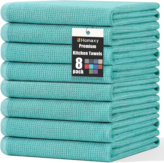 Homaxy 380 GSM Cotton Premium Kitchen Towels 8 Pack, 18"x 28", Teal | Flat and Terry Dish Towels, Highly Absorbent Tea Towel Set with Hanging Loop, Soft Utility Kitchen Hand Towels