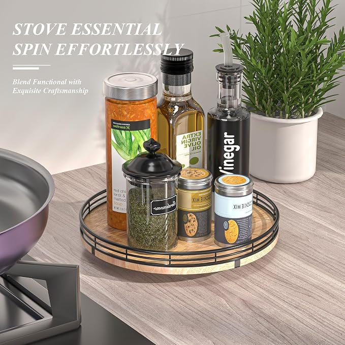 AMH 10-Inch Farmhouse Oak Lazy Susan Organizer for Cabinet | Smooth rotating oak tray with walnut finish for dining tables, kitchen counters, pantries and cabinet storage.