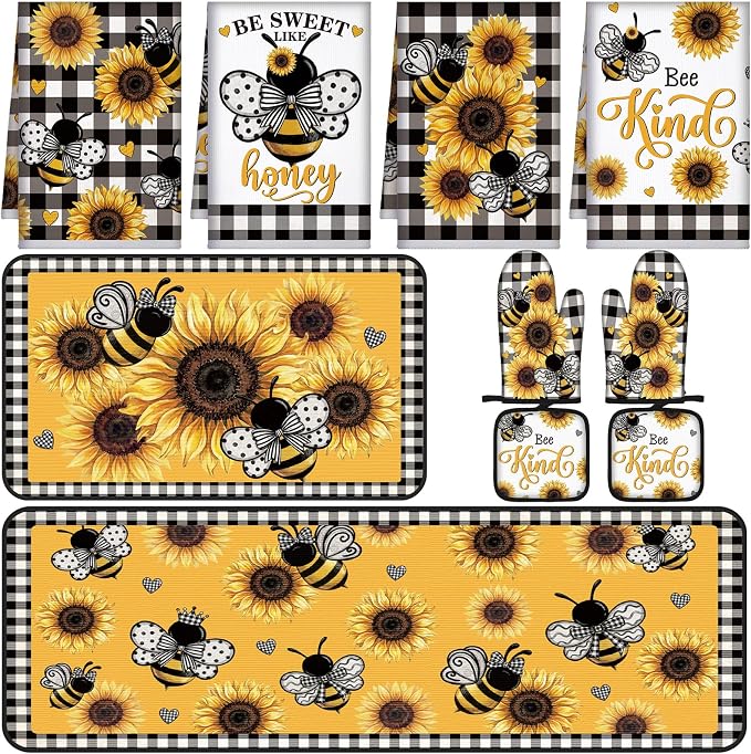 Fourluoo 10 Pcs Bee Kitchen Decor Set Kitchen Towels Rugs Oven Mitts and Pot Holders for Bee Festival Cooking Baking Grilling Gift