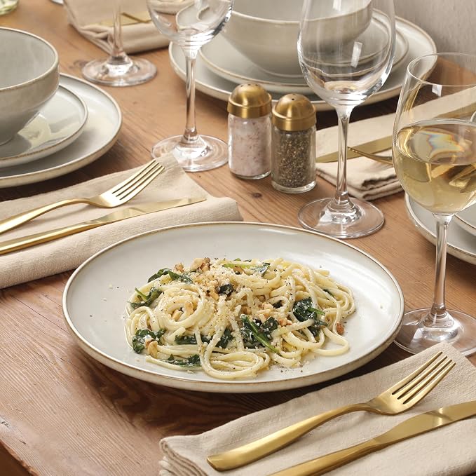 Gibson Elite White Sands Plates and Bowls Sets, 12-Piece Stoneware Dinnerware Sets, Reactive Glaze Dish Set - Moonstone White