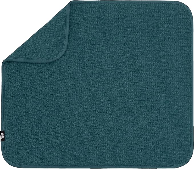 S&T INC. Dish Drying Mat, 16" x 18", Large, Tapestry Blue | Absorbent Microfiber, Kitchen Counter Mat for Dishes, Utensils, Pots and Pans, Machine Washable