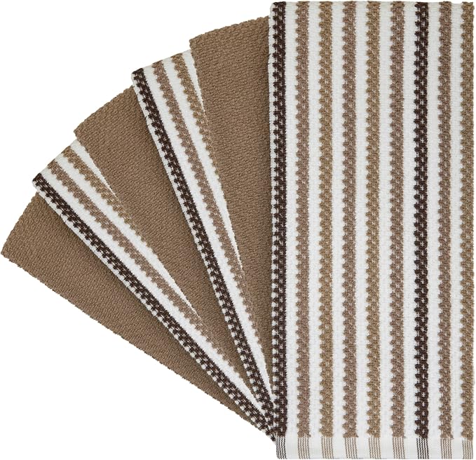 Bumble Kitchen Towels 6 Pack 100% Cotton 16"x26" - Tan Wide Stripe | 430 GSM Soft Kitchen Hand Towels with Hanging Loop, Highly Absorbent & Durable for Washing and Drying Dishes
