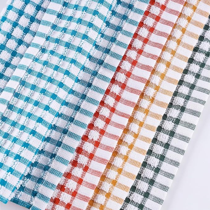 Cotton Kitchen Towels 8 Pack, 15x26 Checkered Dish Towels | Highly absorbent terry cloth towels for drying dishes, wiping spills, and kitchen cleaning. Machine washable and quick dry