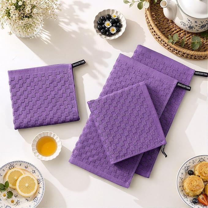 Homaxy 100% Cotton Terry Dish Cloths, 12"x12", 12-Pack, Purple | Ultra Soft Absorbent Dish Towels with Hanging Loop, Pineapple Grid Designed