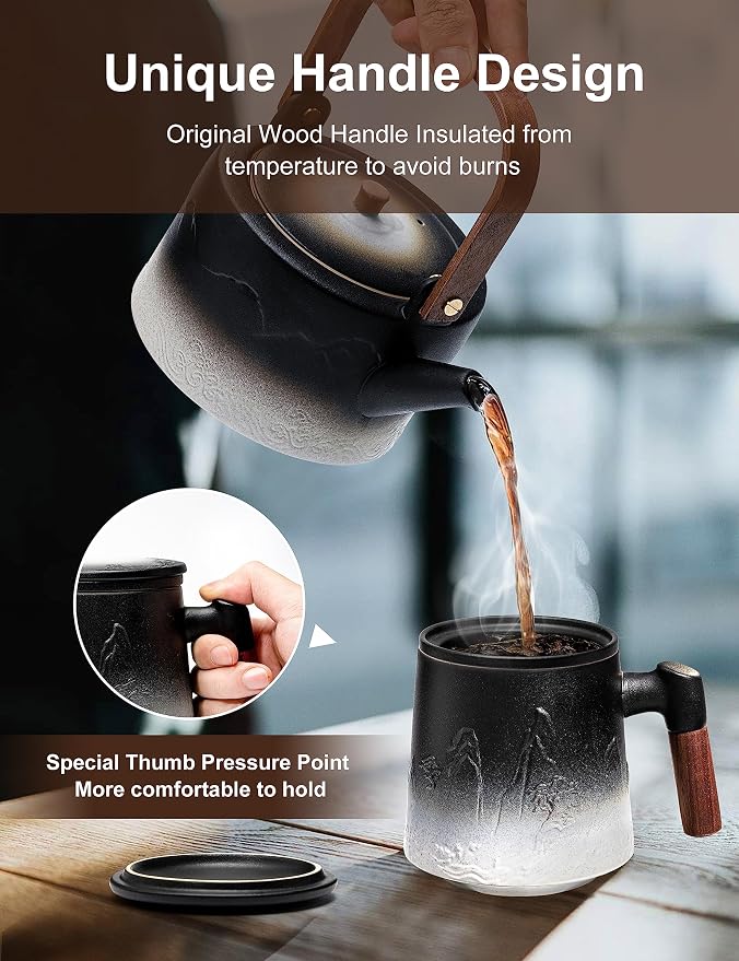 suyika Ceramic Tea Cup with Infuser and Lid, Gradient Embossed Large Tea Mug Wooden Handle for Steeping Loose Leaf, Tea Lover Gifts 15.2 oz / 450 ml,Matte Black | Gradient Embossed, Large Tea Mug, Wooden Handle