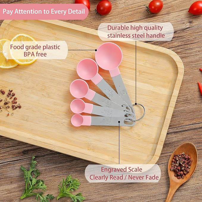 Measuring Cups and Spoons Set of Huygens Kitchen Gadgets 10 Pieces, Stackable Stainless Steel Handle Measuring Cups for Measuring Dry and Liquid Ingredient (Pink)