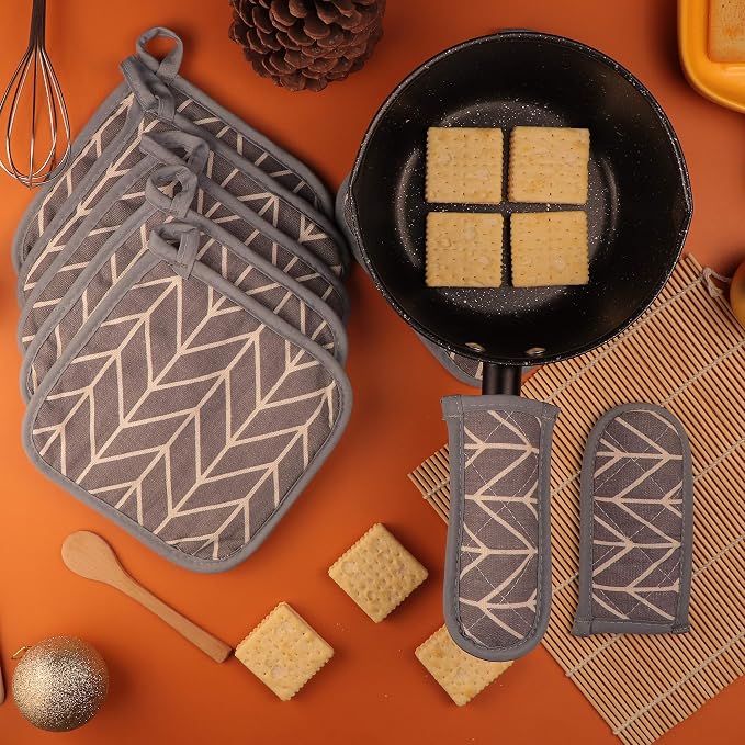 Heat Resistant Potholders Hot Pads-6 Kitchen Pot Holders Set with 2 Pan Hot Handle Holders Trivet for Cooking and Baking,with Recycled Infill Terrycloth Lining(Grey,8 Piece)