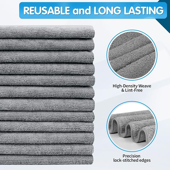 Grey Microfiber Cleaning Cloth -Pack of 12, Highly Absorbent Cleaning Rags, 16"X12" All Purpose Cleaning Towels for Housekeeping, Kitchen, Car, Lint Free and Reusable Microfiber Towels