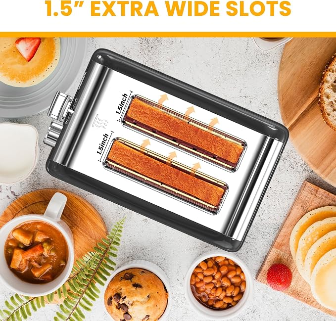 Simple Deluxe 2-Slice Toaster, Stainless Steel Toaster, 6 Browning Setting and 3 Function, Extra Wide Slot & Removable Crumb Tray, for Bread & Waffle, Black